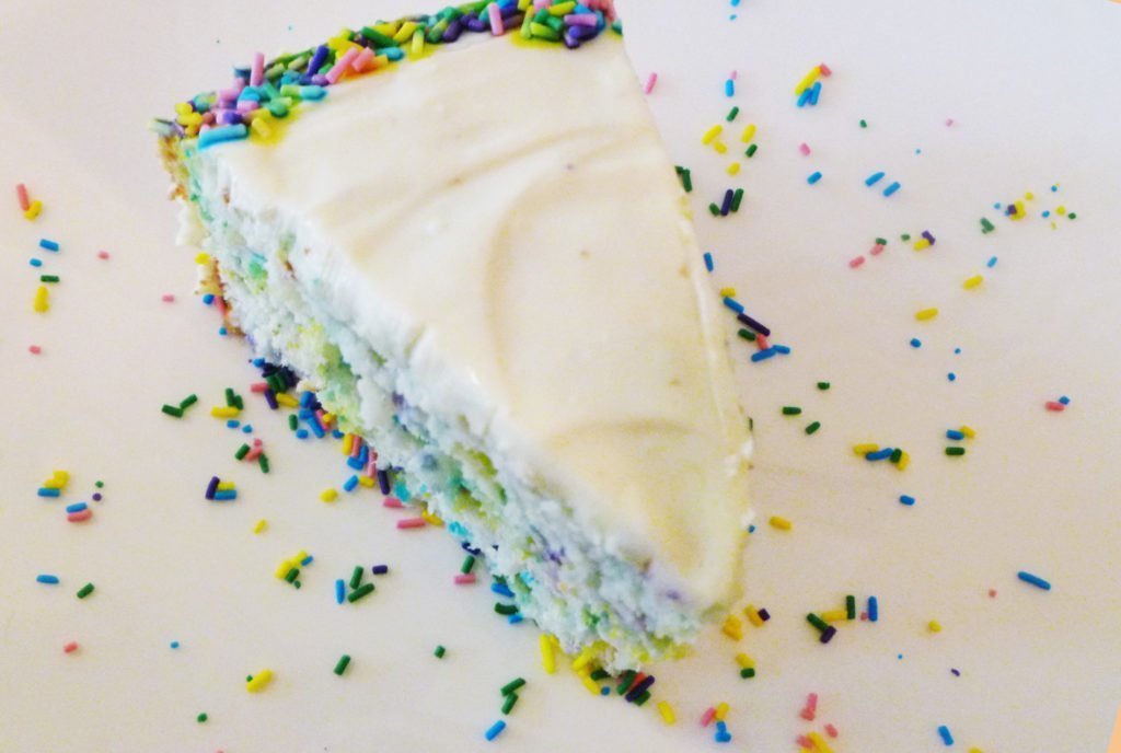 Brightly coloured for any celebration - sprinkles are baked right into the light and airy cake batter. Looking for the perfect party cake? Angel Food Birthday Cake with Cream Cheese Frosting is bound to impress. With light, airy batter and rich, creamy frosting, everyone will be lining up, especially when they see the colourful surprise inside - sprinkles! | thishappymommy.com