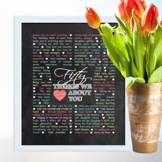 50 Things We Love About You - Chalkboard Art | Best DIY Birthday Gift | 50th birthday gift for friend, brother, sister, mother, father, daughter, or son | birthday party gift for adults | #50birthday #birthdaygift #gift #diy | thishappymommy.com