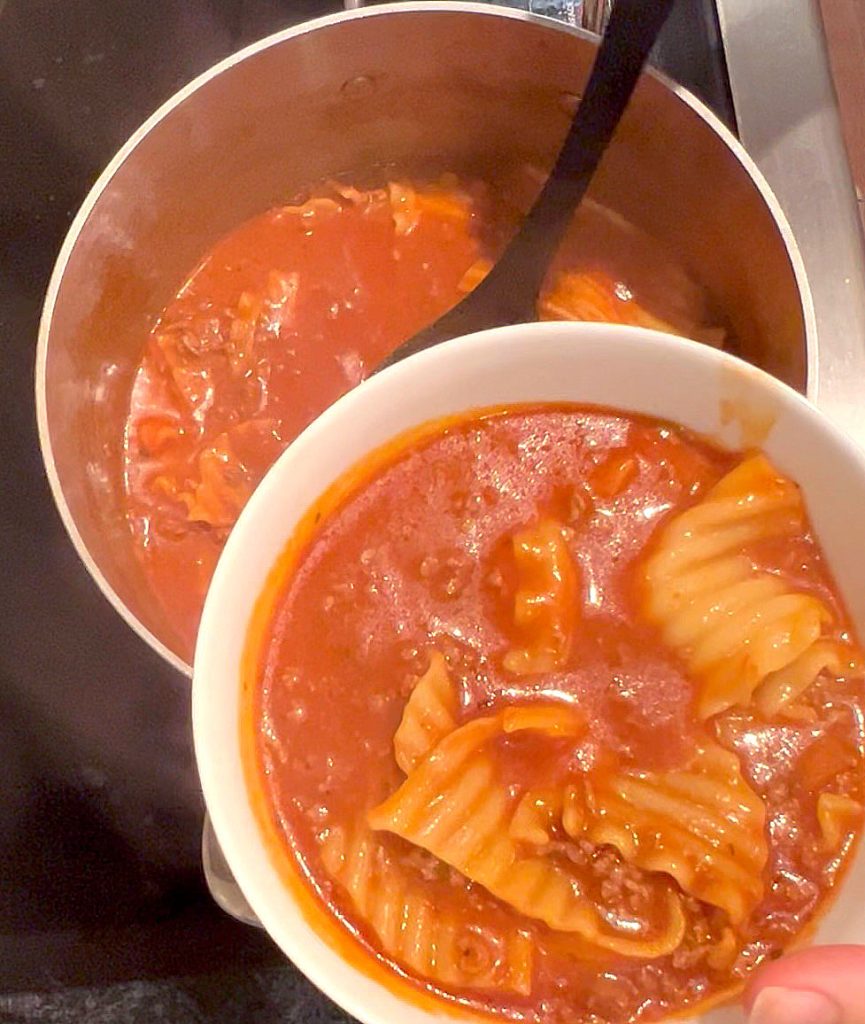 Lasagna Soup - adding soup to a bowl