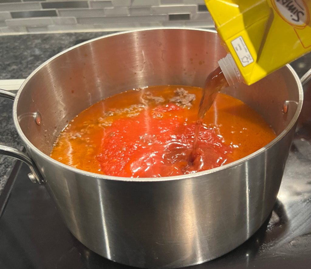 Lasagna Soup - adding beef broth for the soup broth